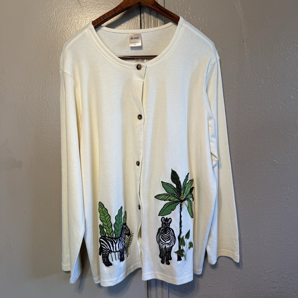 Safari AfricaCore Women's 2X Cardigan Cream Grannycore Cultural Blair‎ VTG Zebra